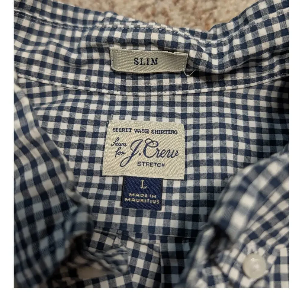 J. Crew Slim button up shirt, men's L, blue/white check pattern; Cotton Stretch